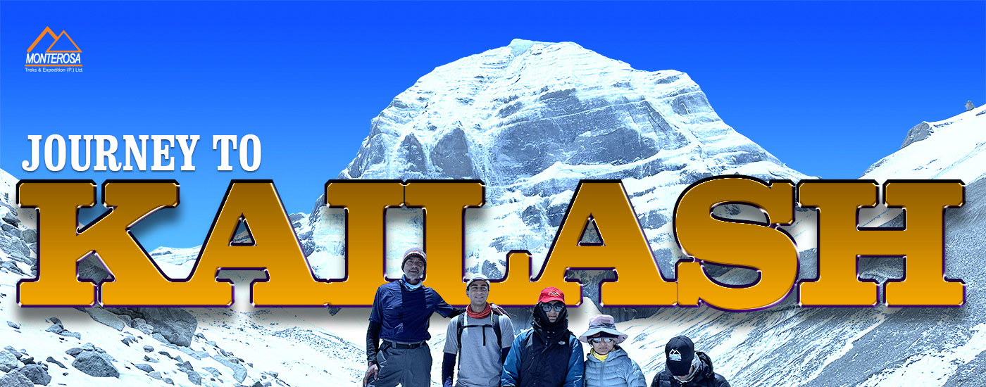 Climbers gear up before the snow-capped Mount Kailash under a clear blue sky.